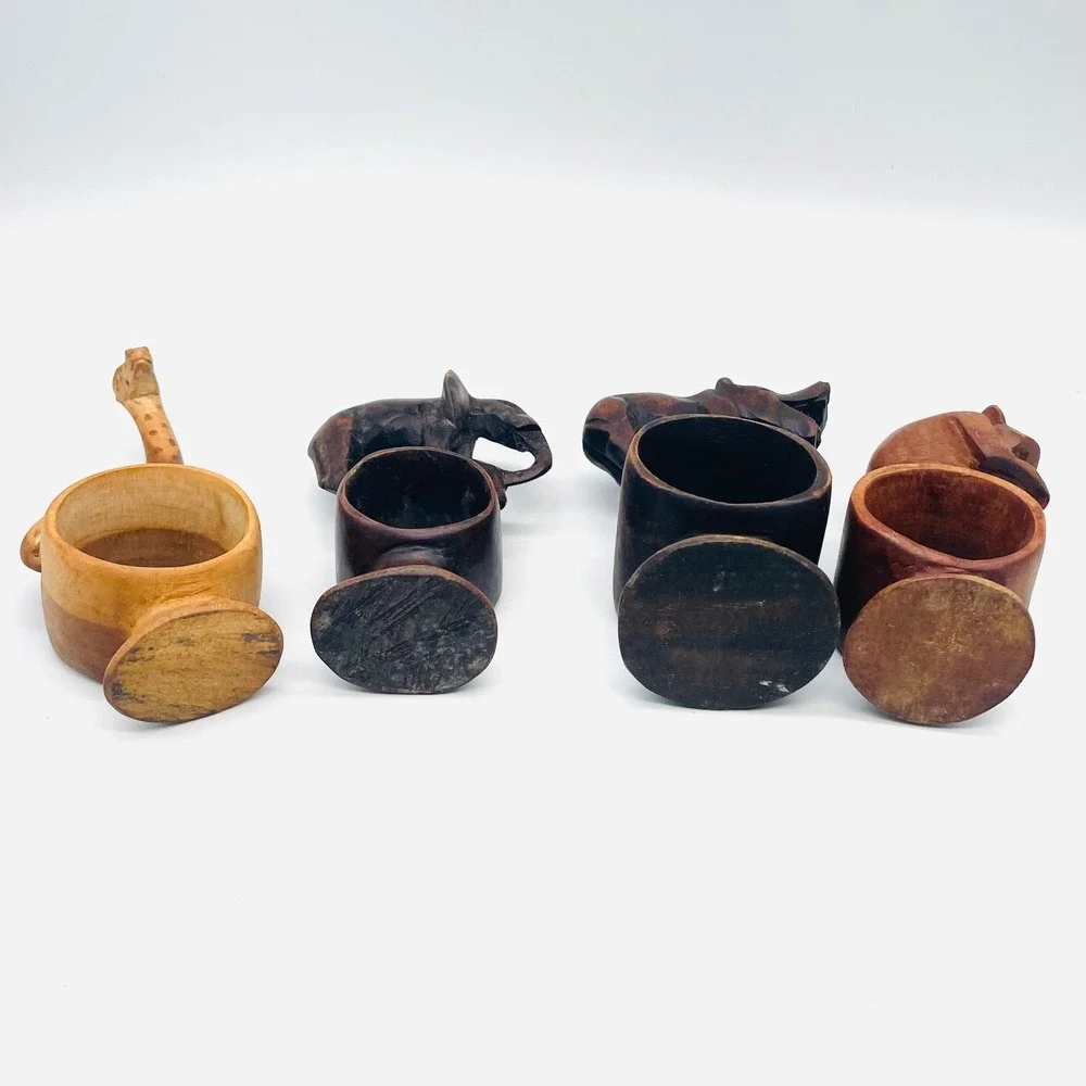 Set of 4‎ Hand Carved Wooden African Safari Animal Napkin Rings Giraffe Elephant